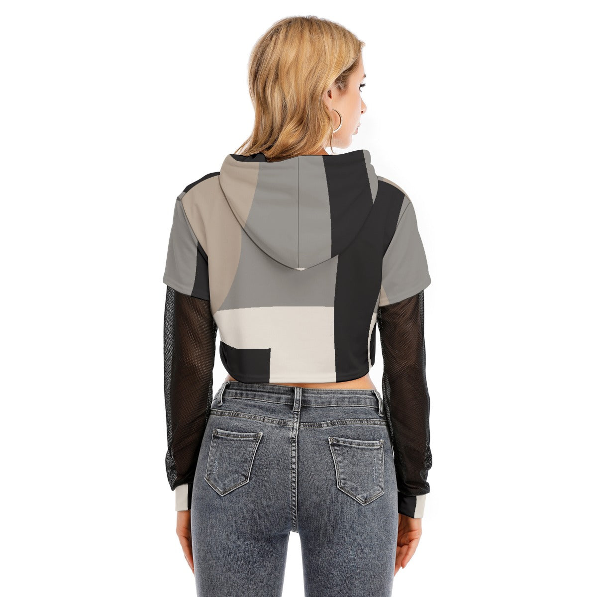 All-Over Print Women's Fake Two-piece Mesh Sleeve Cropped Hoodie
