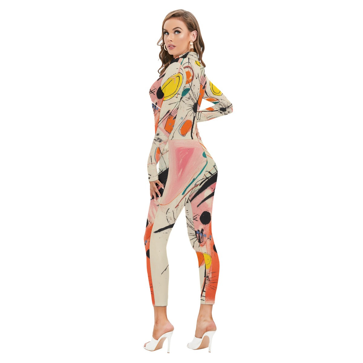 All-Over Print Women's Long-sleeved High-neck Jumpsuit With Zipper