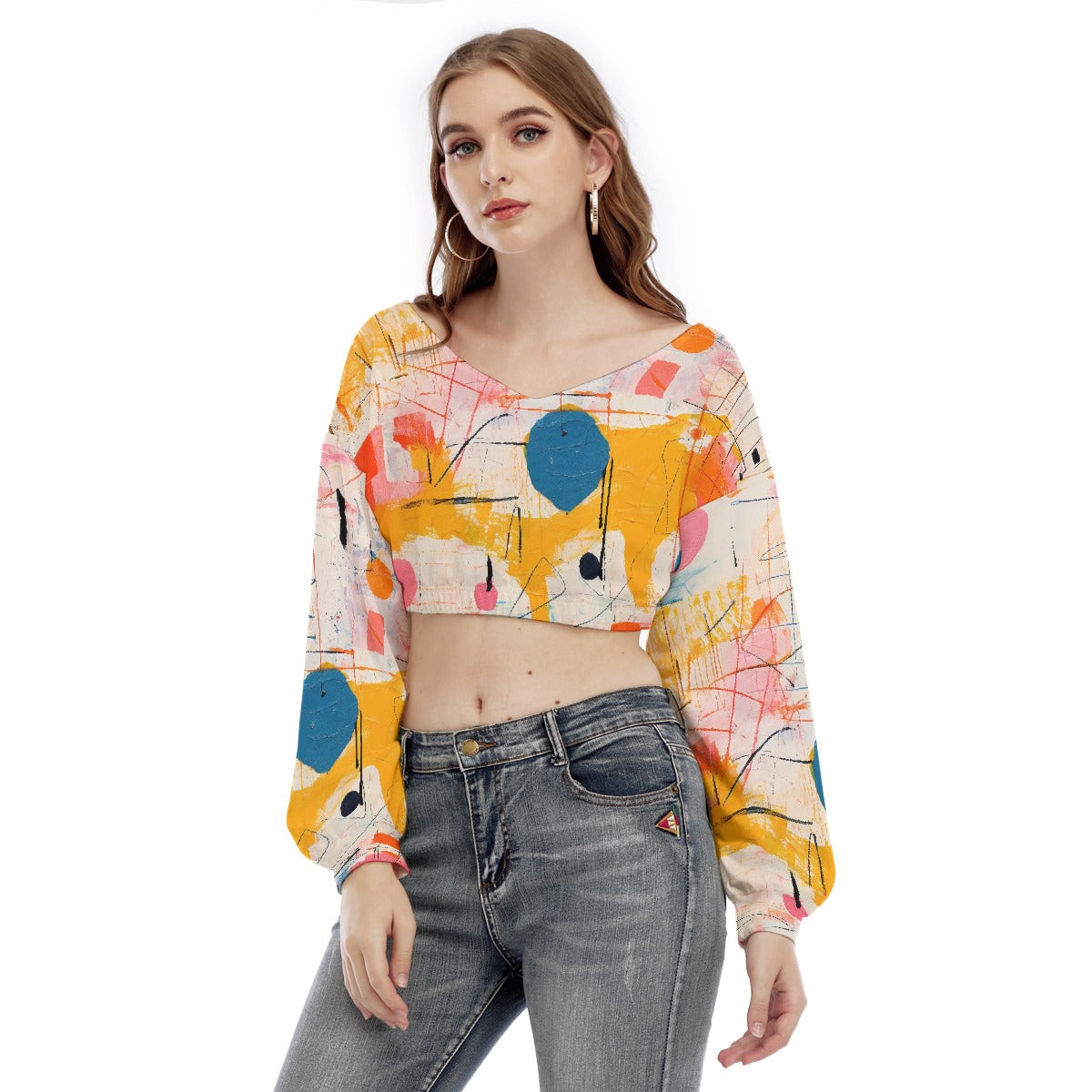 All-Over Print Women's V-neck Long Sleeve Cropped Sweatshirt