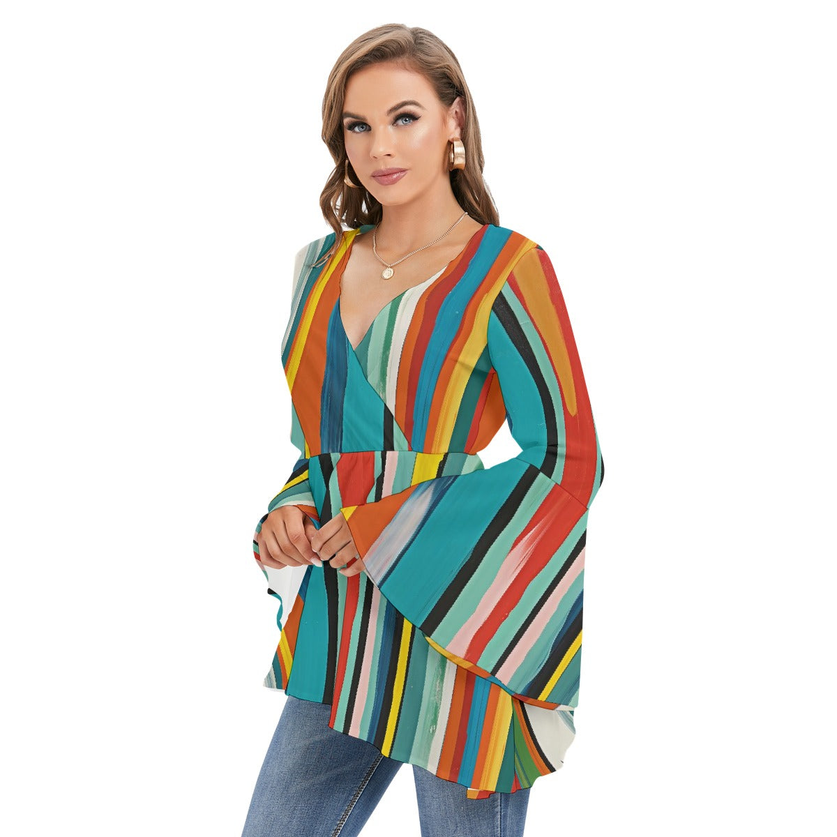 All-Over Print Women's V-neck Blouse With Flared Sleeves