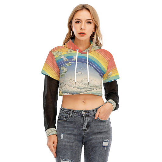 All-Over Print Women's Fake Two-piece Mesh Sleeve Cropped Hoodie