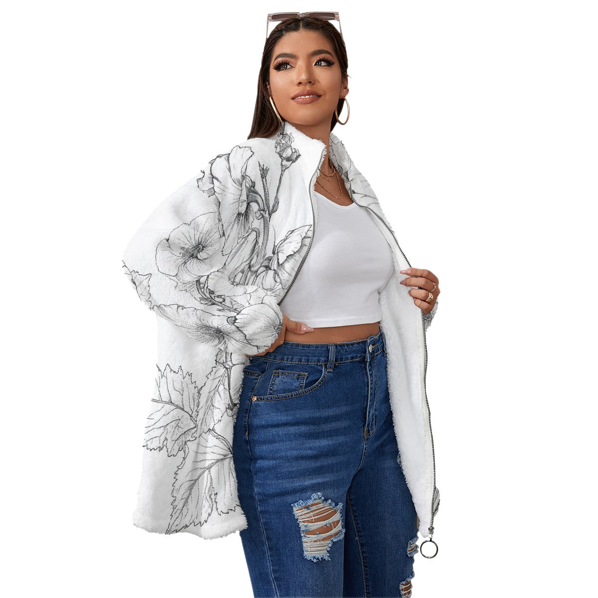 All-Over Print Unisex Borg Fleece Stand-up Collar Coat With Zipper Closure(Plus Size)