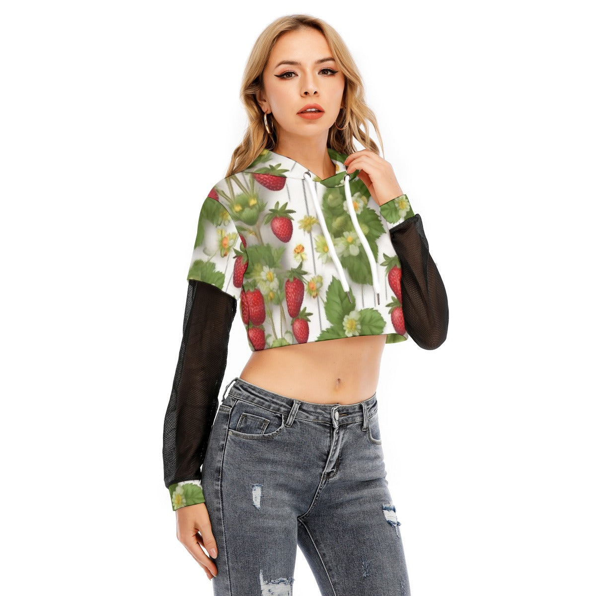All-Over Print Women's Fake Two-piece Mesh Sleeve Cropped Hoodie