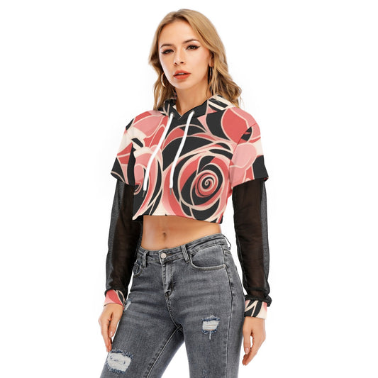 All-Over Print Women's Fake Two-piece Mesh Sleeve Cropped Hoodie
