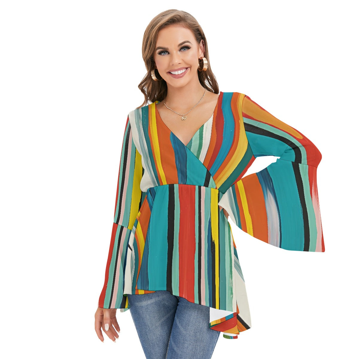 All-Over Print Women's V-neck Blouse With Flared Sleeves
