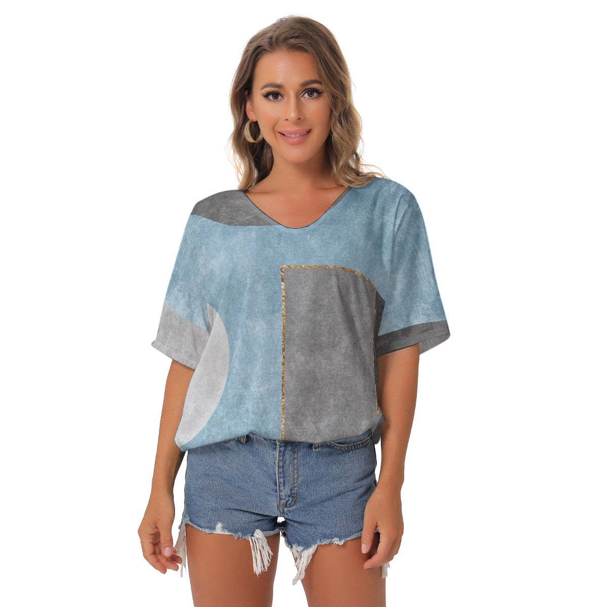 All-Over Print Women's Bat Sleeves V-Neck Blouse