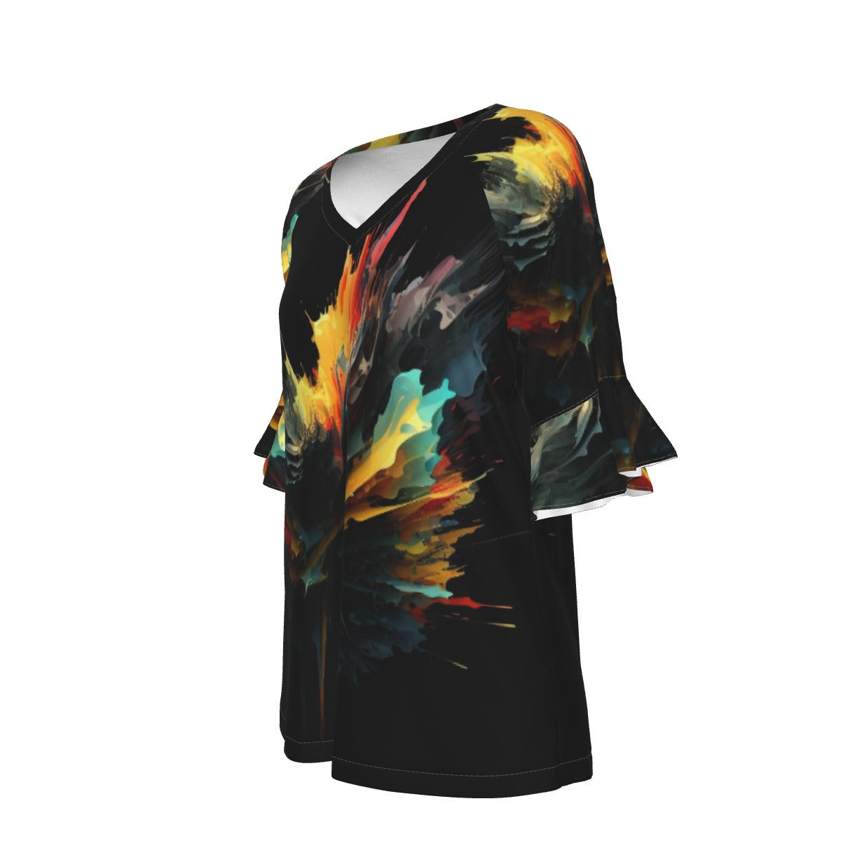 All-Over Print V-neck Women's T-shirt With Bell Sleeve