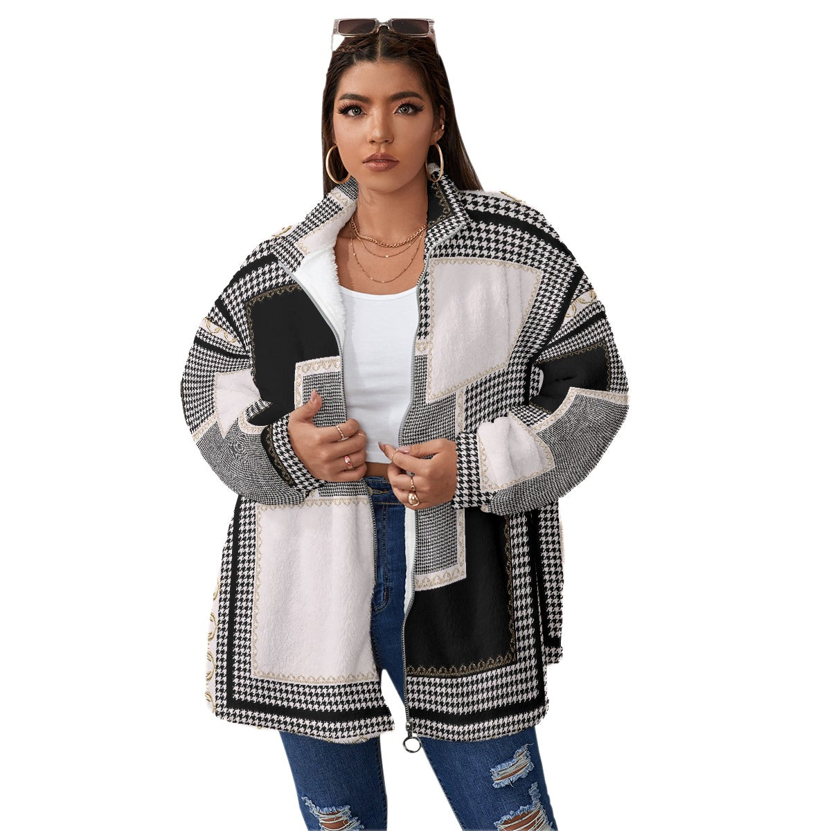 All-Over Print Unisex Borg Fleece Stand-up Collar Coat With Zipper Closure(Plus Size)