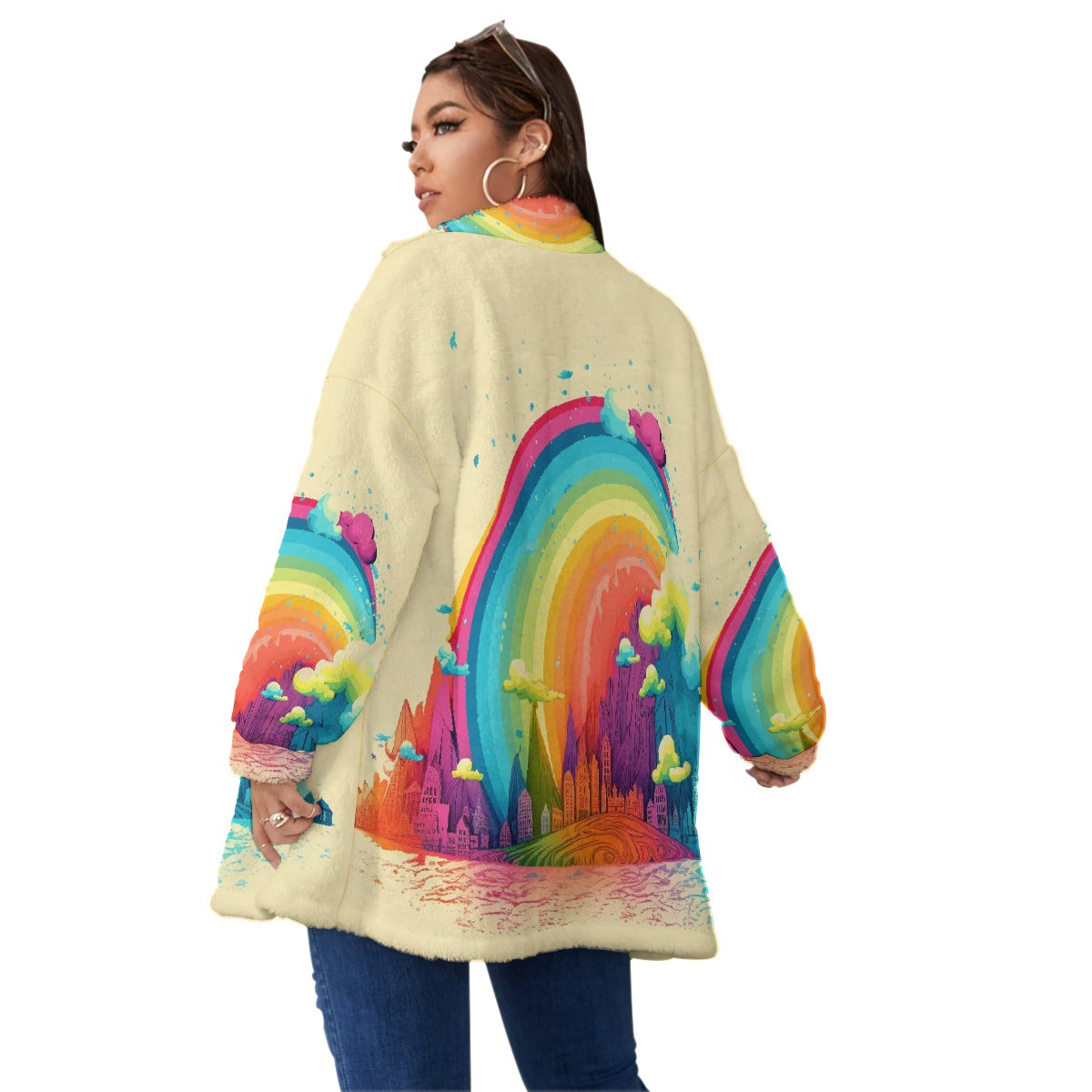All-Over Print Unisex Borg Fleece Stand-up Collar Coat With Zipper Closure(Plus Size)