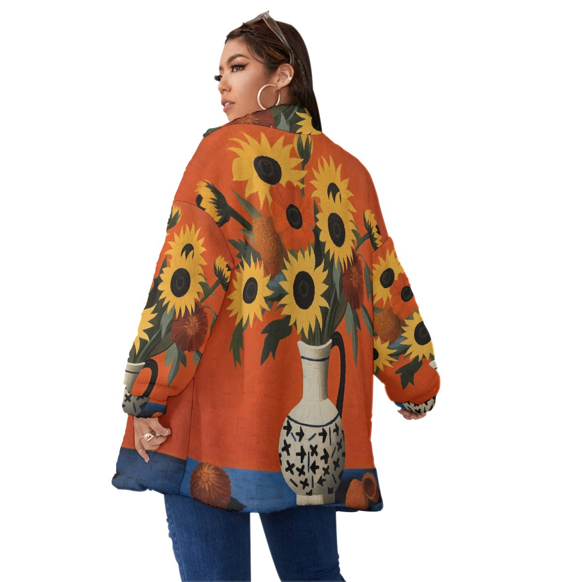 All-Over Print Unisex Borg Fleece Stand-up Collar Coat With Zipper Closure(Plus Size)