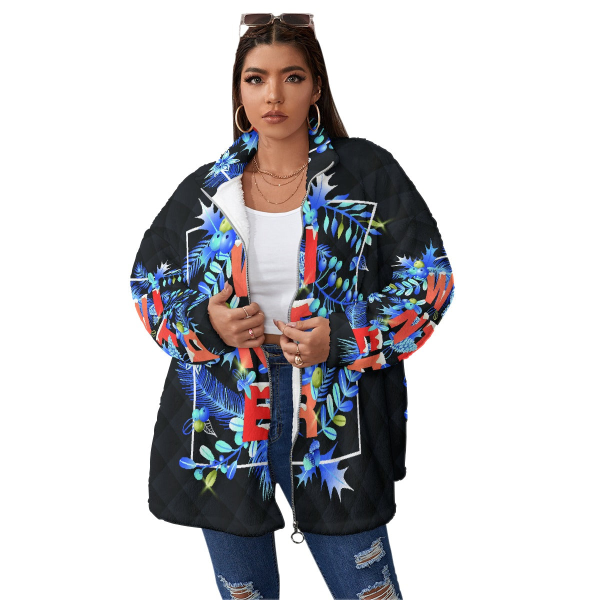 All-Over Print Unisex Borg Fleece Stand-up Collar Coat With Zipper Closure(Plus Size)