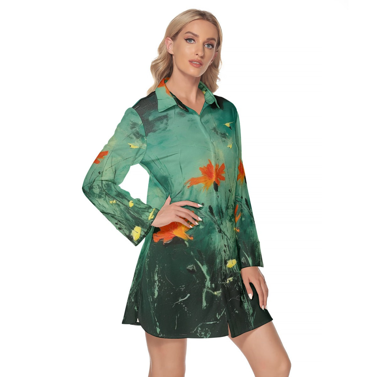 All-Over Print Women's Lapel Shirt Dress With Long Sleeve