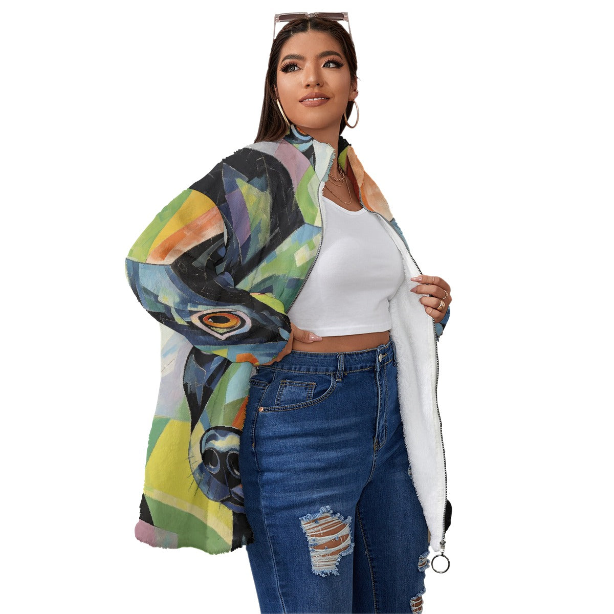 All-Over Print Unisex Borg Fleece Stand-up Collar Coat With Zipper Closure(Plus Size)