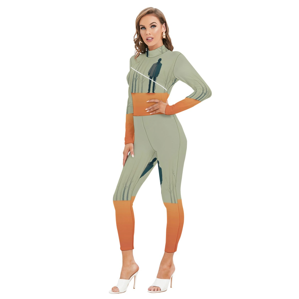 All-Over Print Women's Long-sleeved High-neck Jumpsuit With Zipper