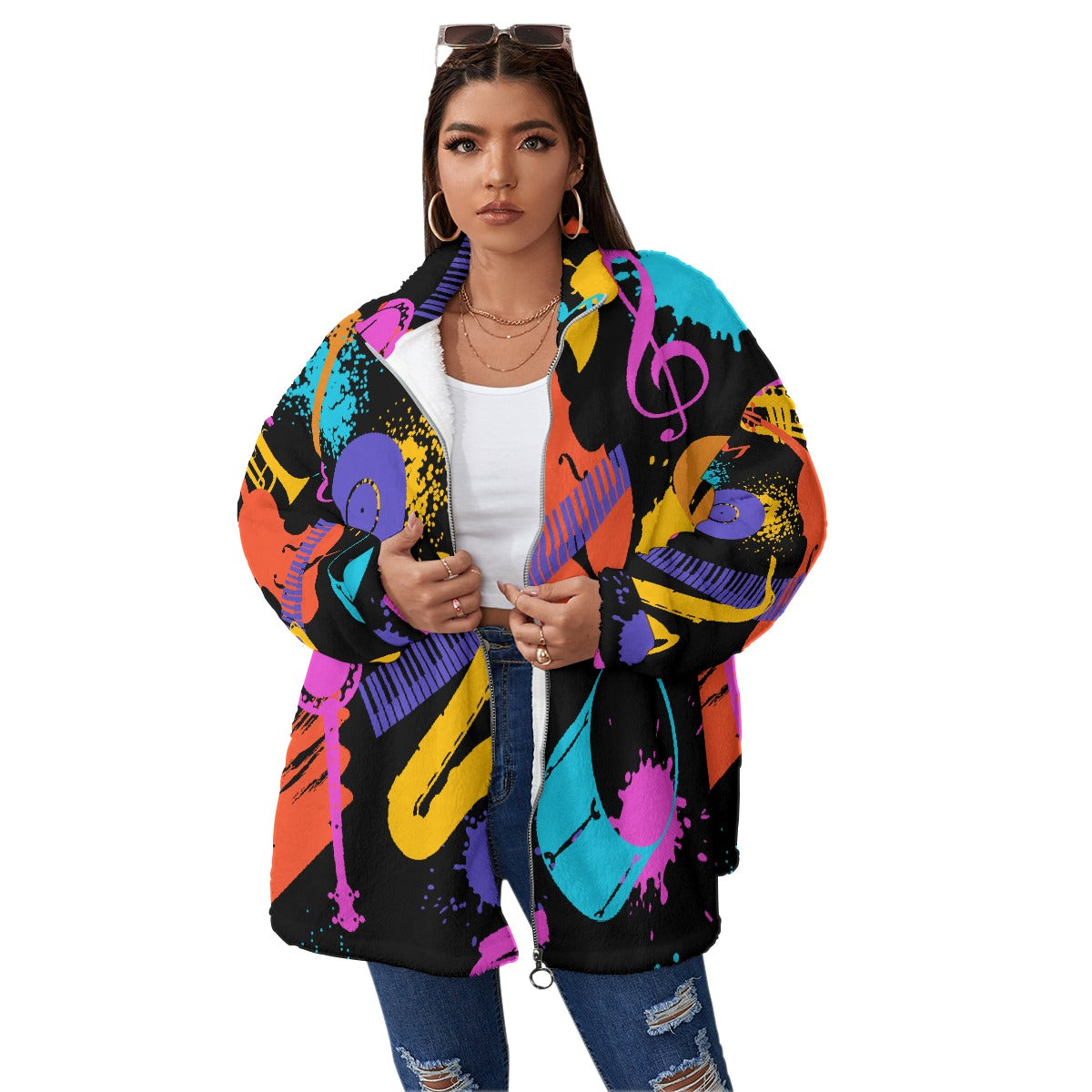 All-Over Print Unisex Borg Fleece Stand-up Collar Coat With Zipper Closure(Plus Size)