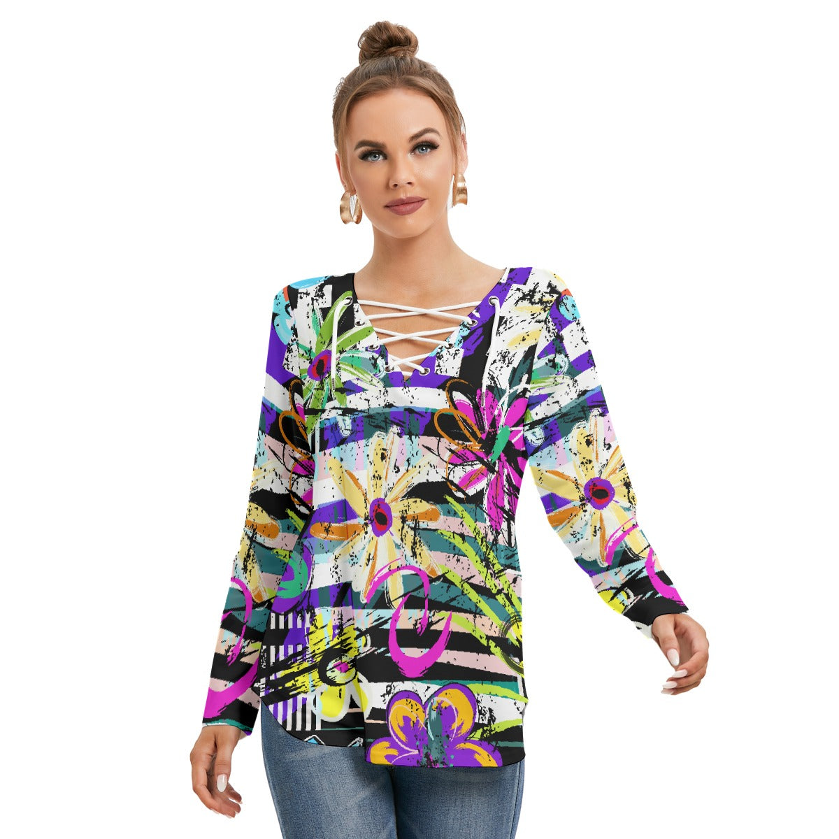 All-Over Print Women's Long Sleeve Neckline Tie Sweatshirt