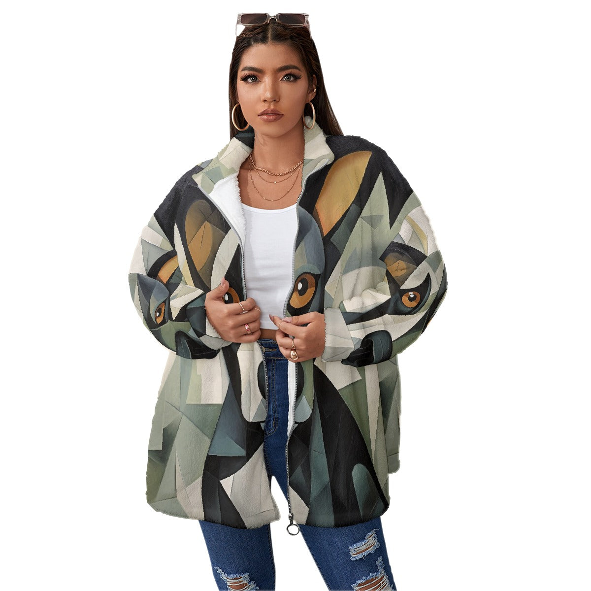 All-Over Print Unisex Borg Fleece Stand-up Collar Coat With Zipper Closure(Plus Size)
