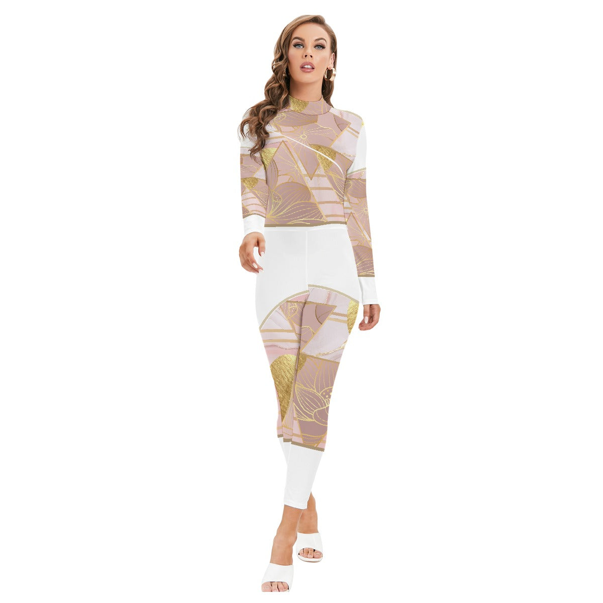 All-Over Print Women's Long-sleeved High-neck Jumpsuit With Zipper