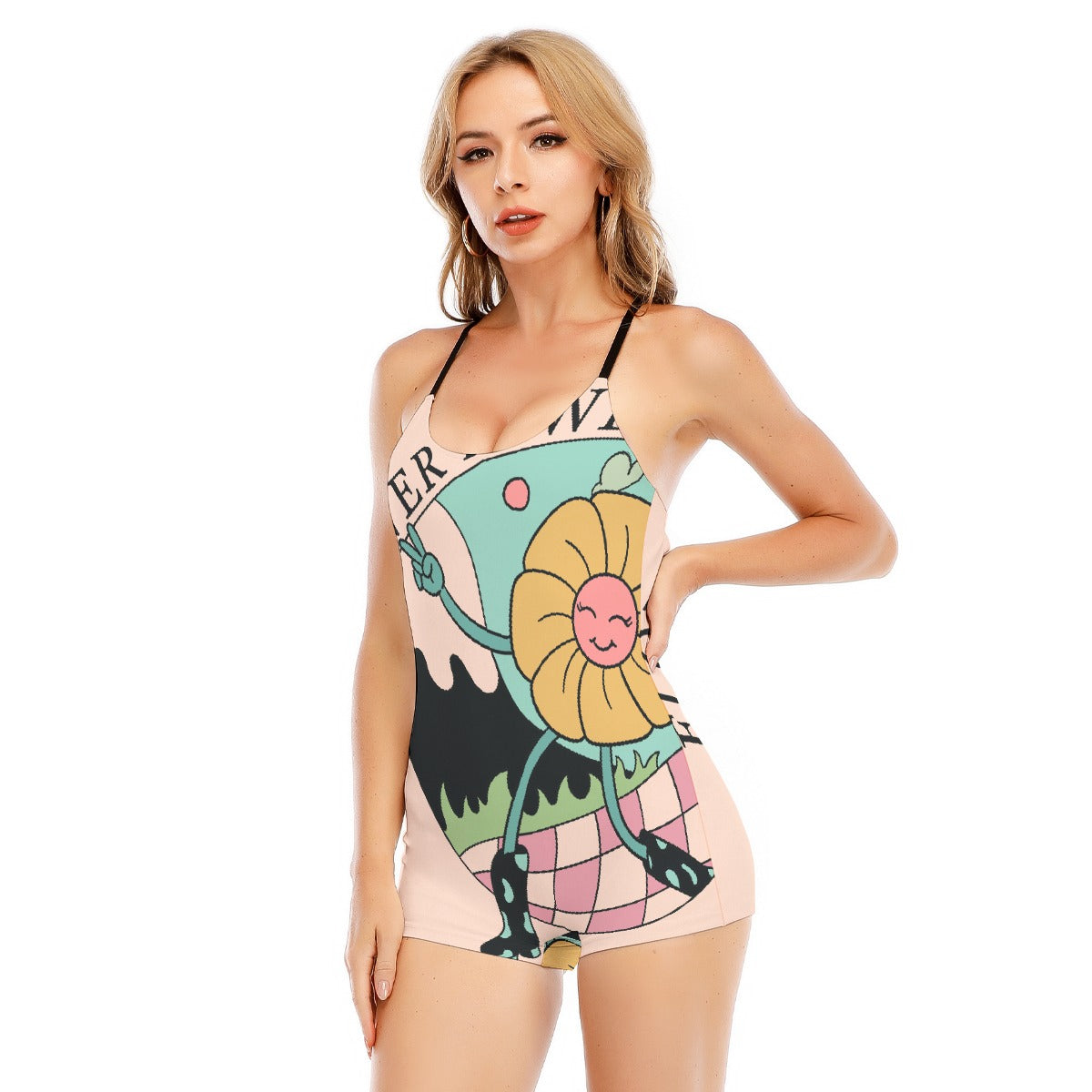 All-Over Print Women's Backless Romper With Black Straps