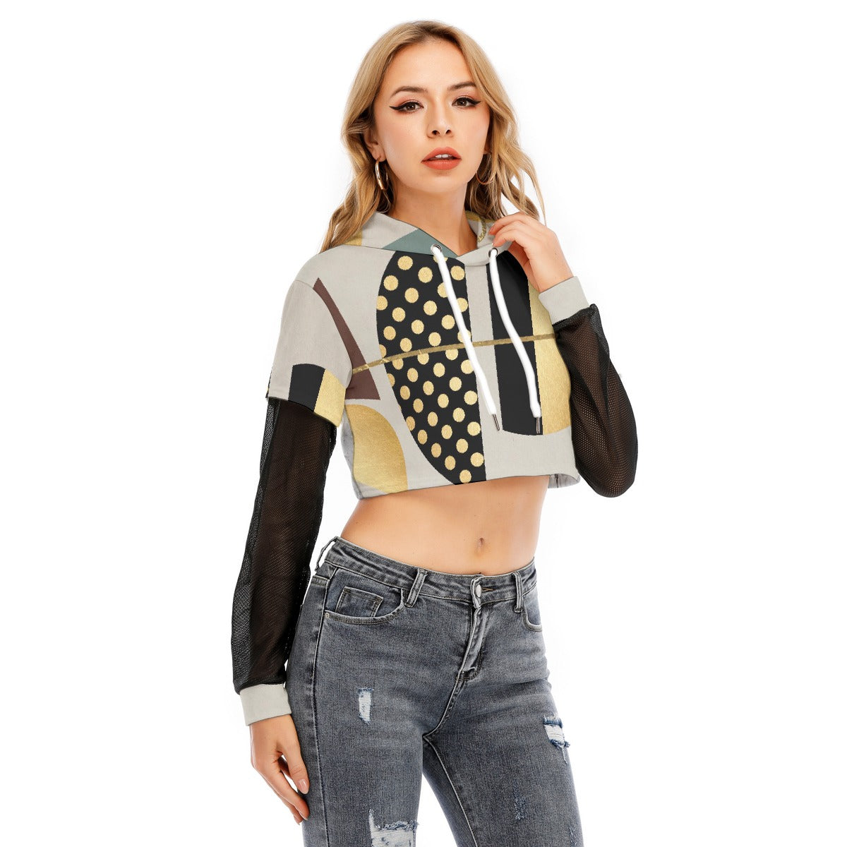 All-Over Print Women's Fake Two-piece Mesh Sleeve Cropped Hoodie