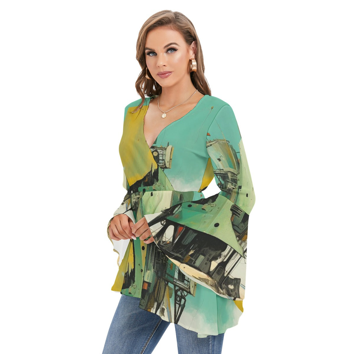 All-Over Print Women's V-neck Blouse With Flared Sleeves