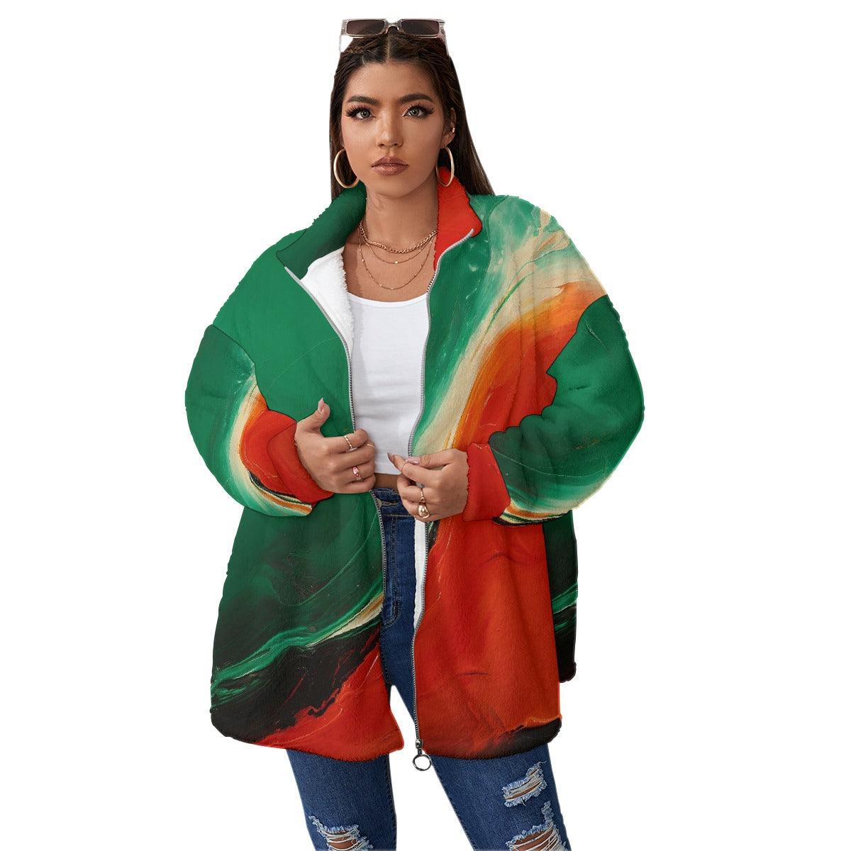 All-Over Print Unisex Borg Fleece Stand-up Collar Coat With Zipper Closure(Plus Size)