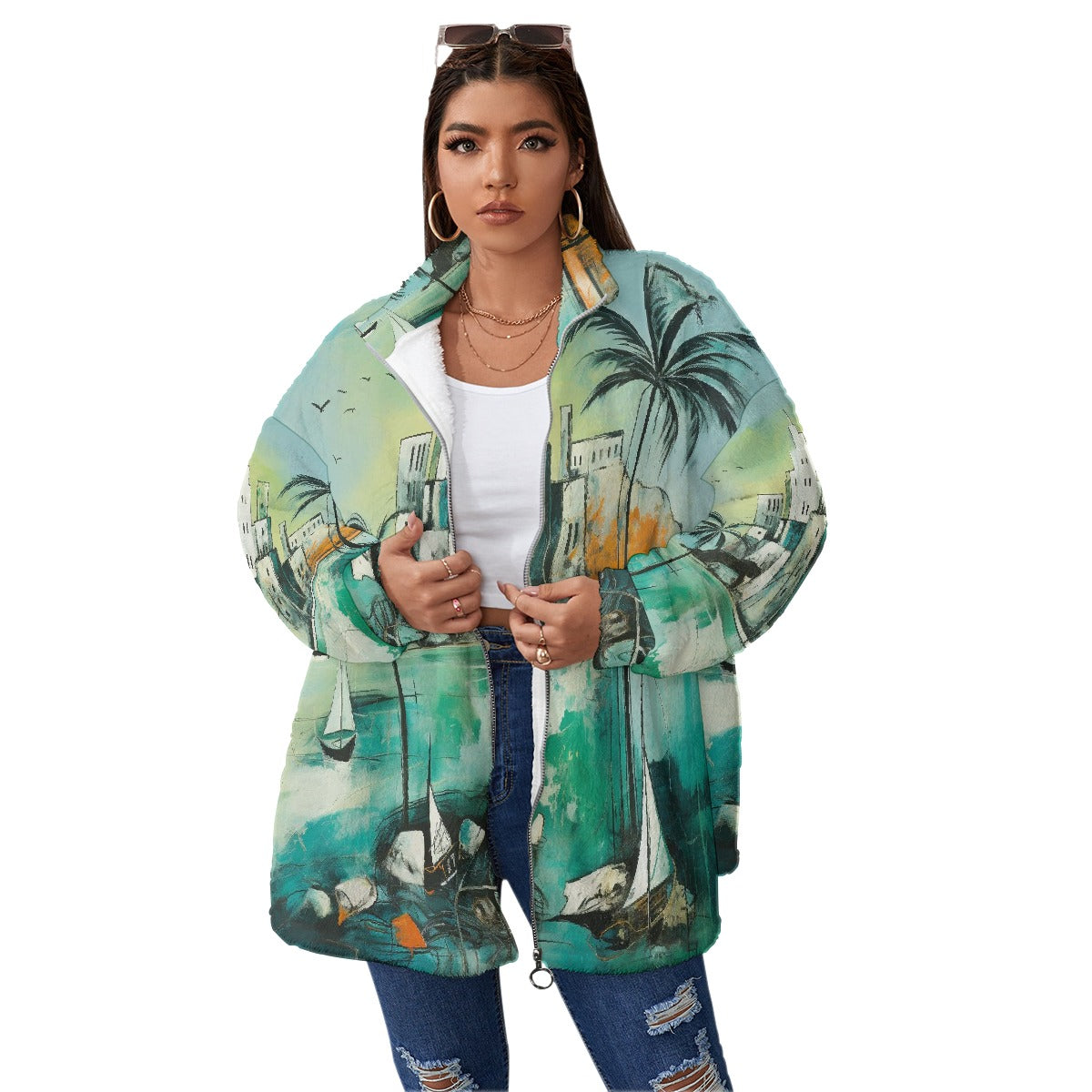 All-Over Print Unisex Borg Fleece Stand-up Collar Coat With Zipper Closure(Plus Size)