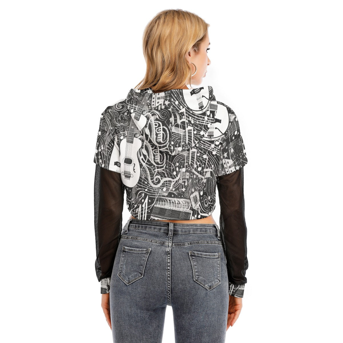 All-Over Print Women's Fake Two-piece Mesh Sleeve Cropped Hoodie