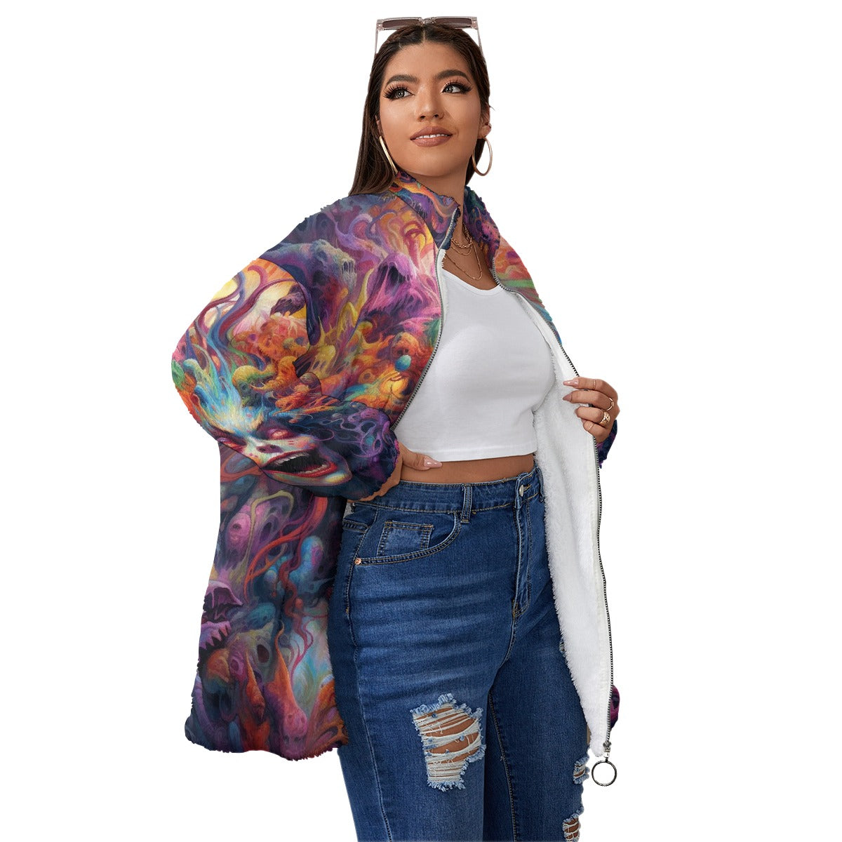 All-Over Print Unisex Borg Fleece Stand-up Collar Coat With Zipper Closure(Plus Size)