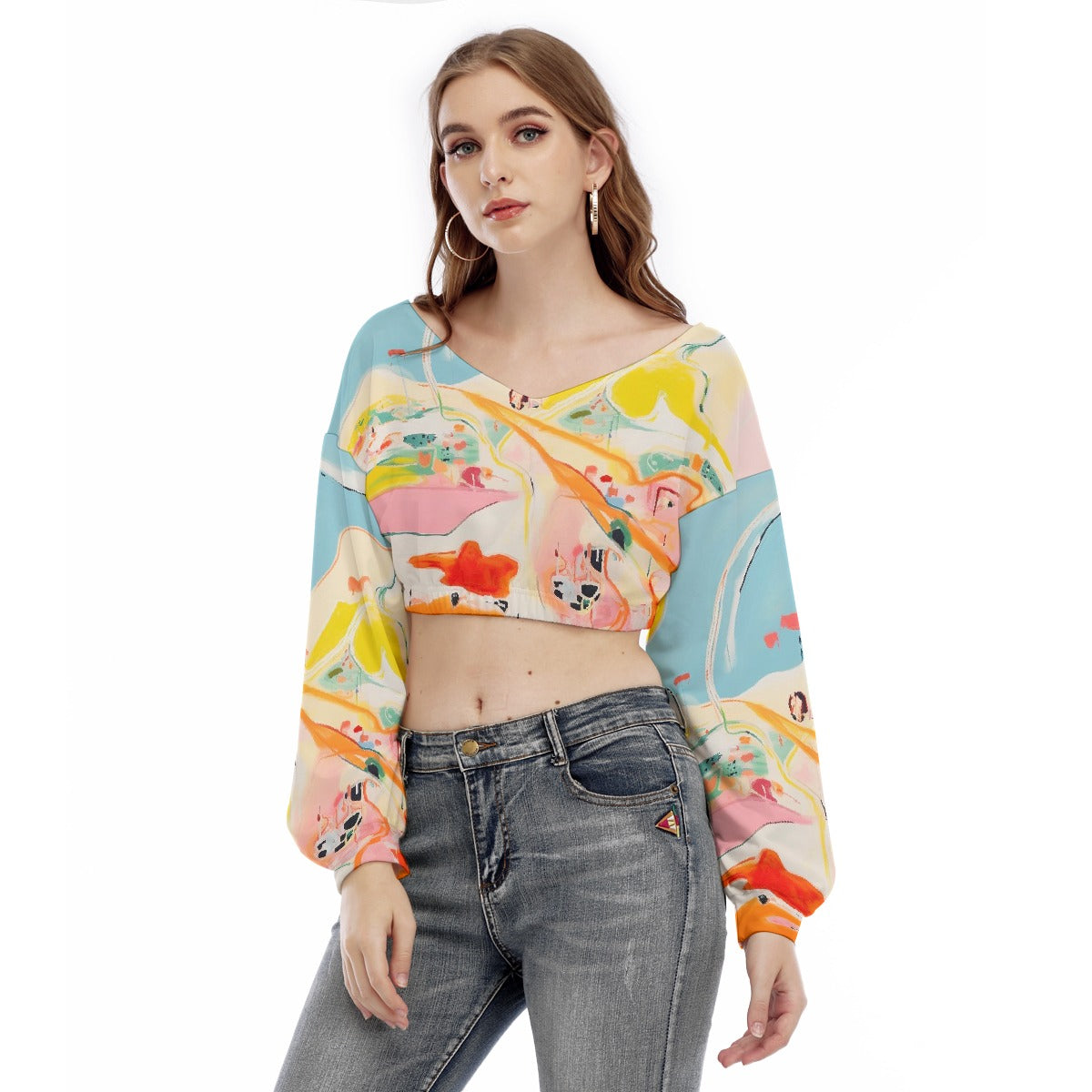 All-Over Print Women's V-neck Long Sleeve Cropped Sweatshirt