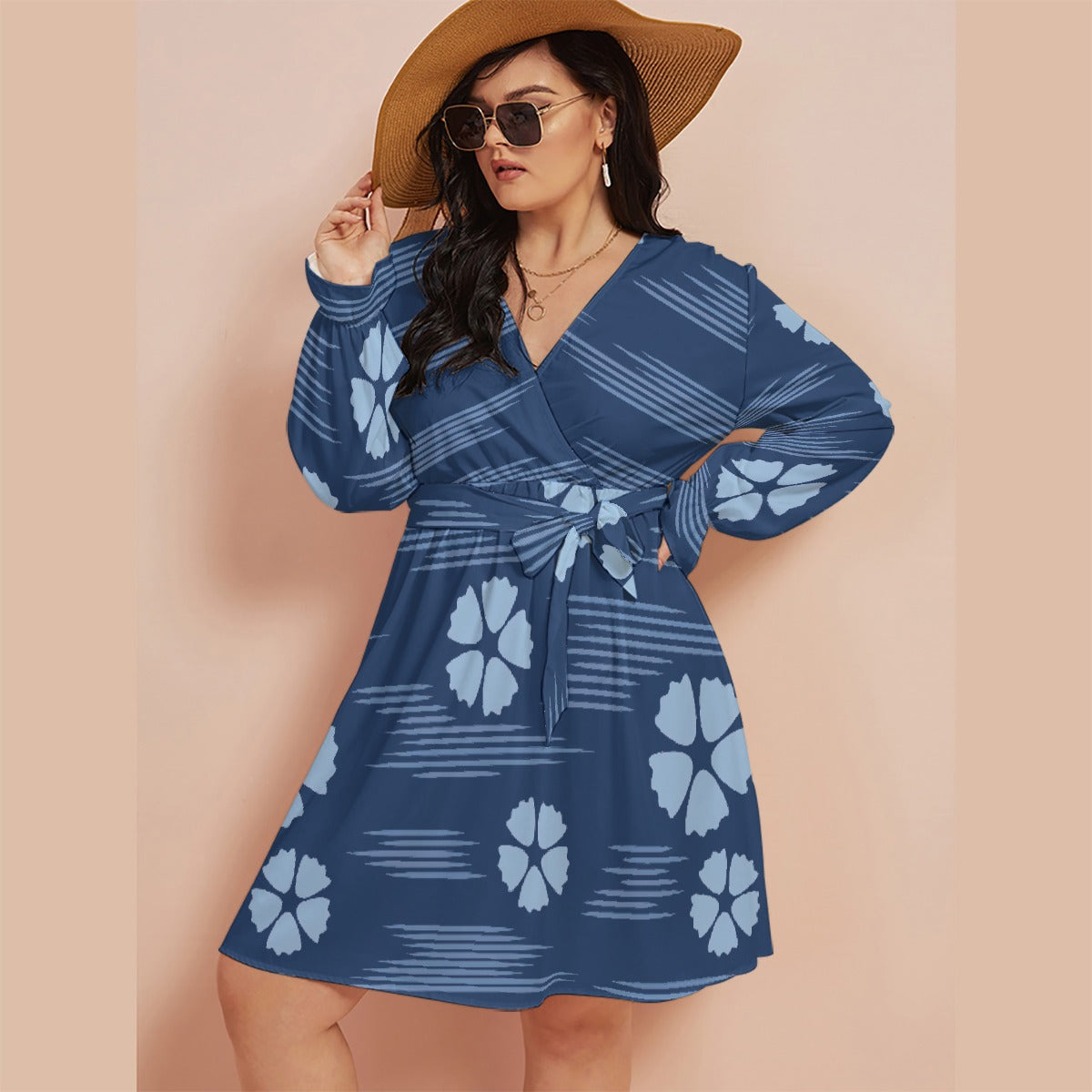 All-Over Print Women's V-neck Dress With Waistband(Plus Size)