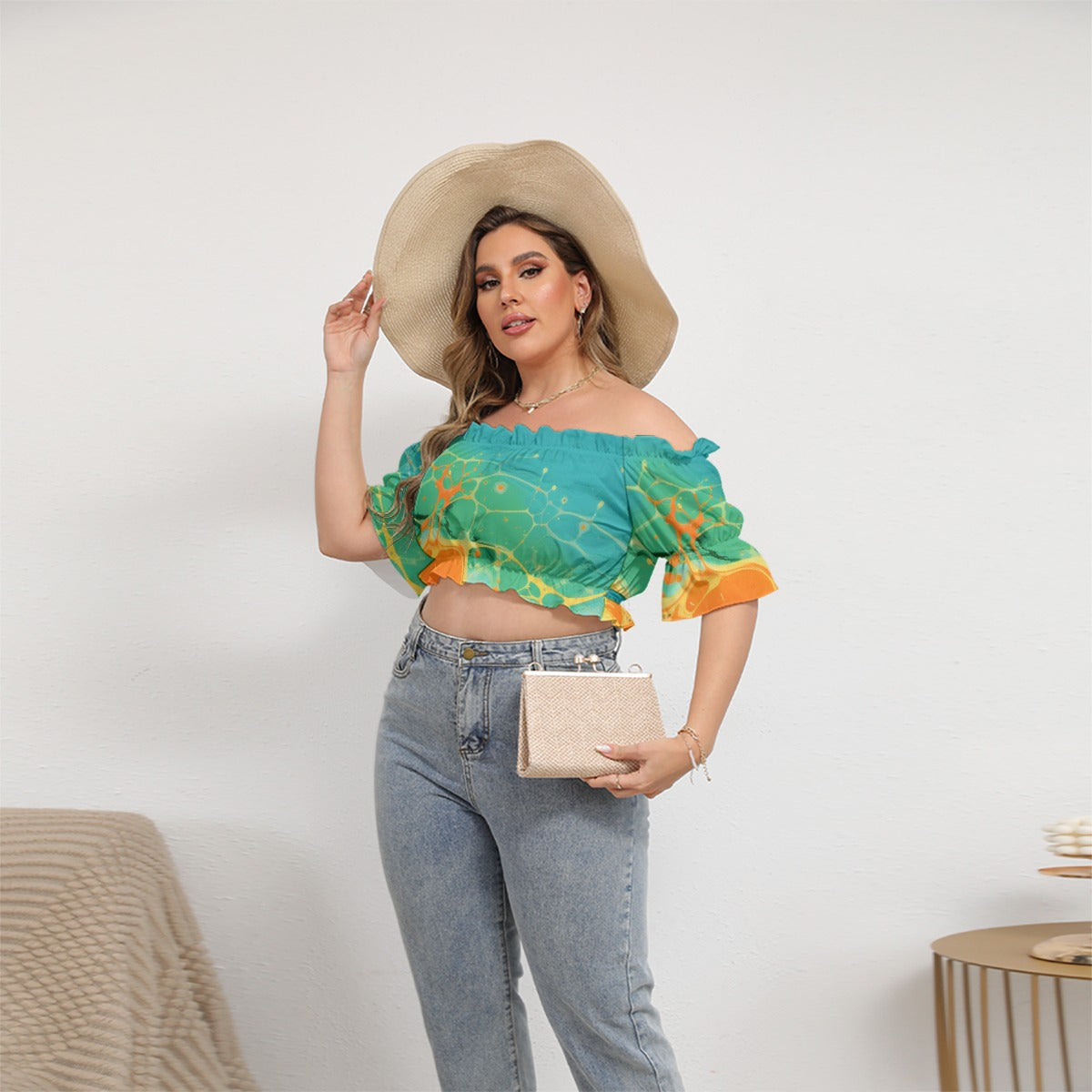 All-Over Print Women's Off-shoulder Cropped Top With Short Puff Sleeve
