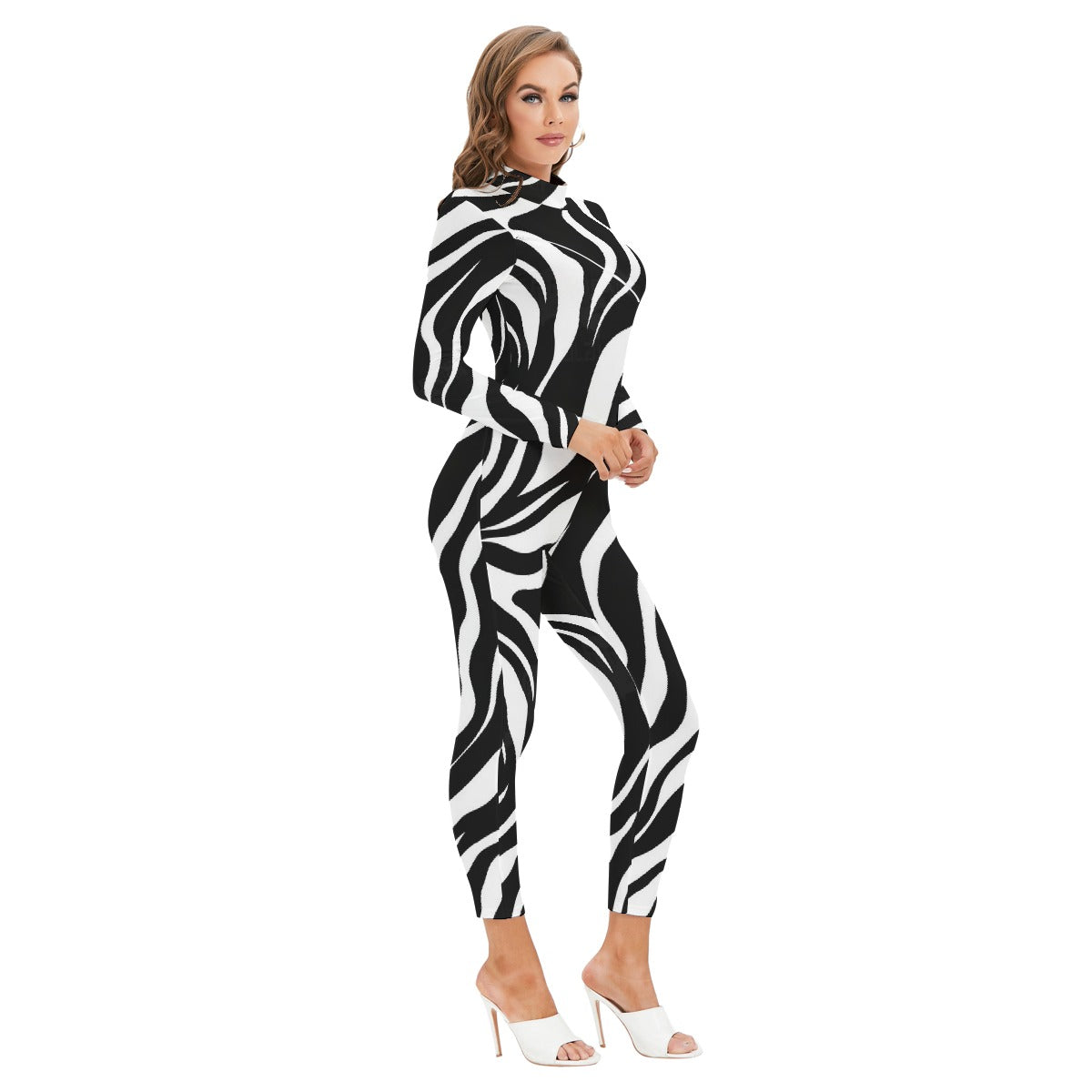 All-Over Print Women's Long-sleeved High-neck Jumpsuit With Zipper
