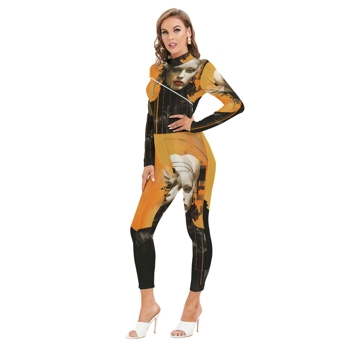 All-Over Print Women's Long-sleeved High-neck Jumpsuit With Zipper