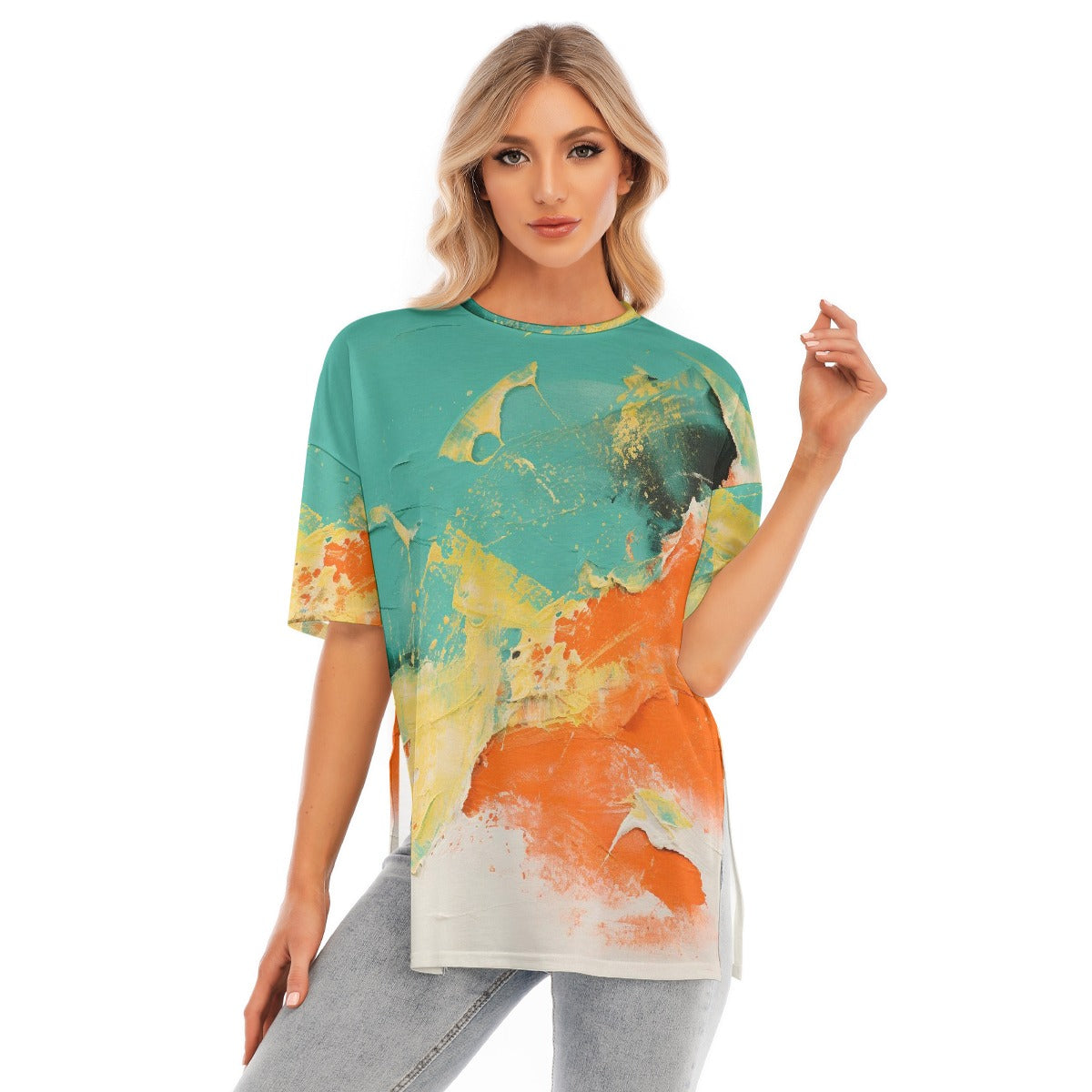 All-Over Print Women's Short Sleeves T-shirt With Hem Split