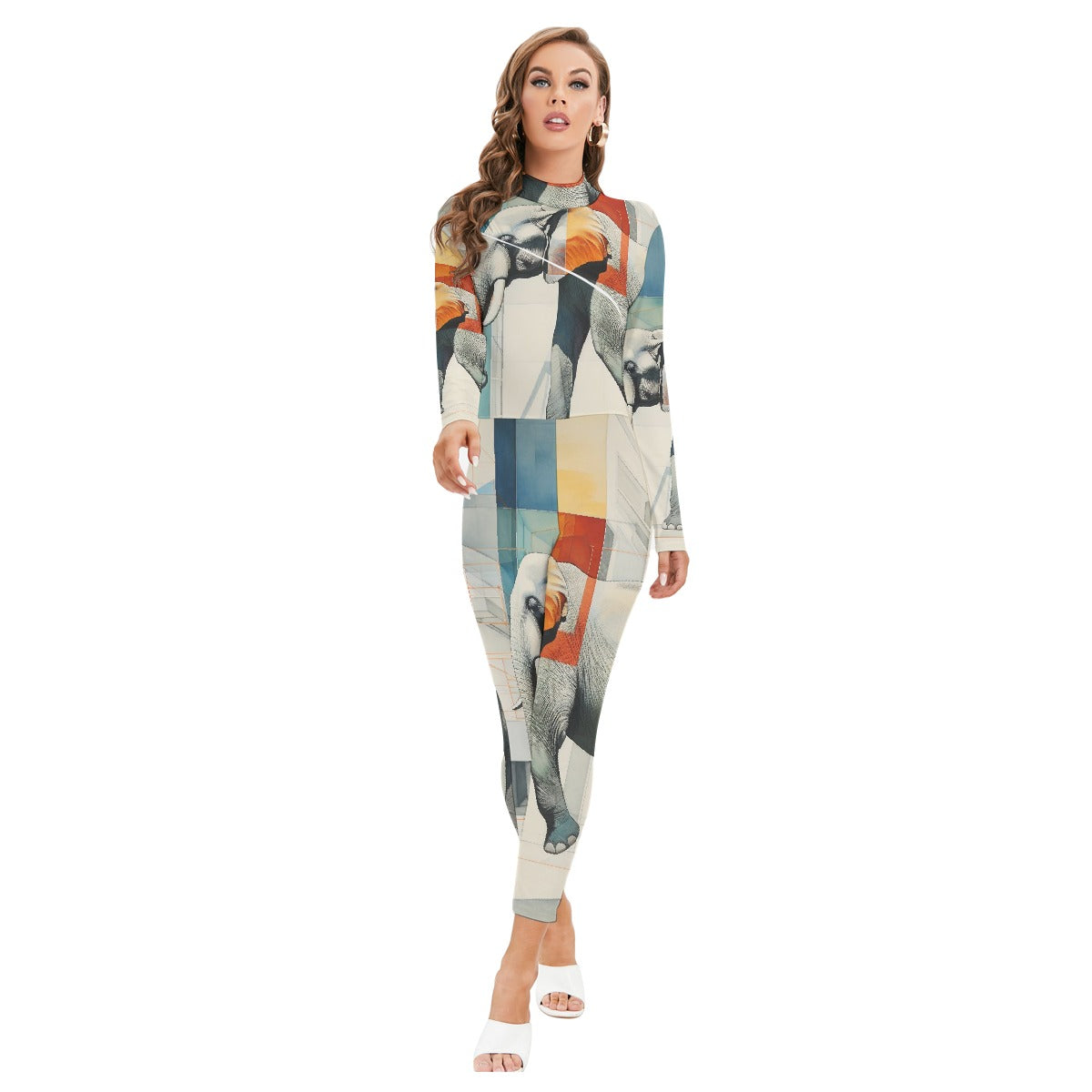 All-Over Print Women's Long-sleeved High-neck Jumpsuit With Zipper