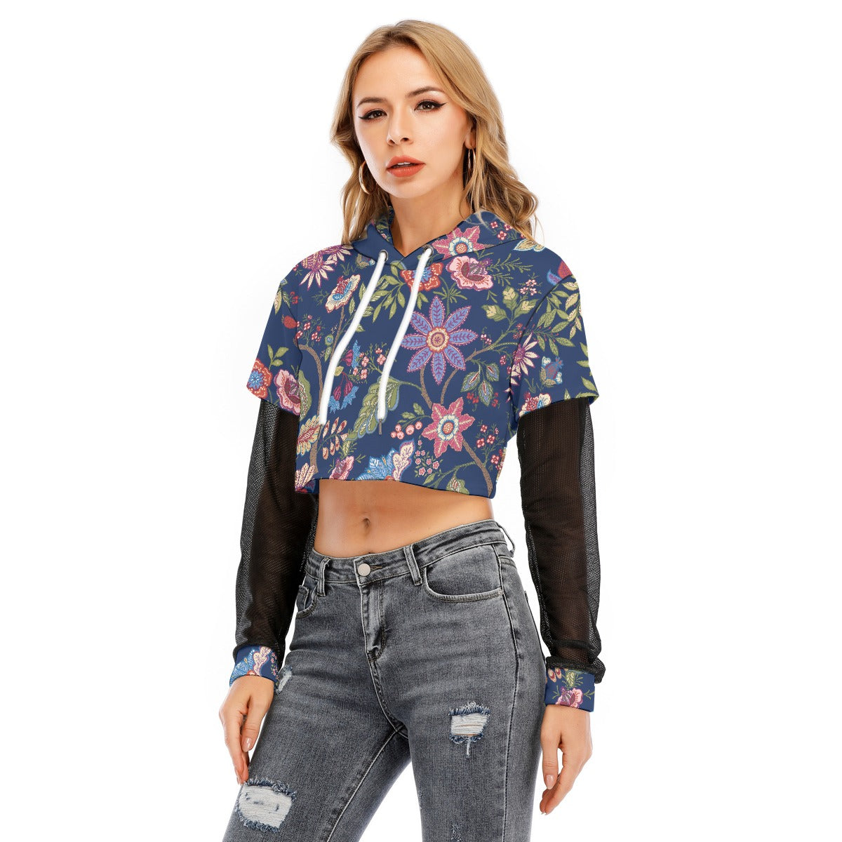 All-Over Print Women's Fake Two-piece Mesh Sleeve Cropped Hoodie