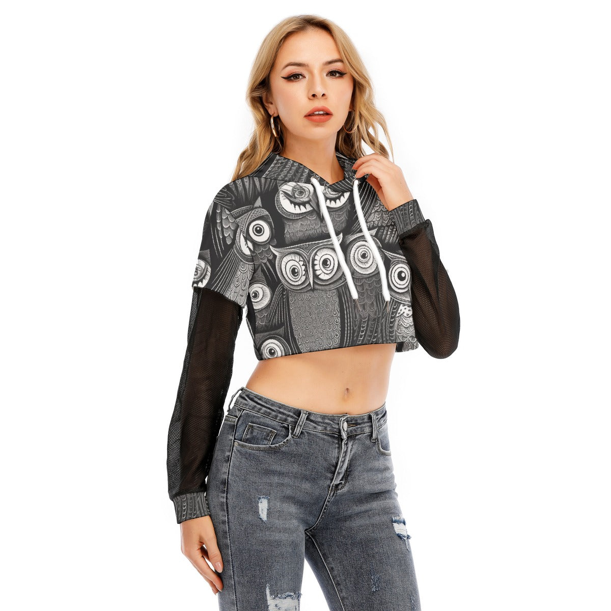 All-Over Print Women's Fake Two-piece Mesh Sleeve Cropped Hoodie