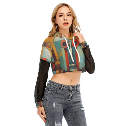 All-Over Print Women's Fake Two-piece Mesh Sleeve Cropped Hoodie