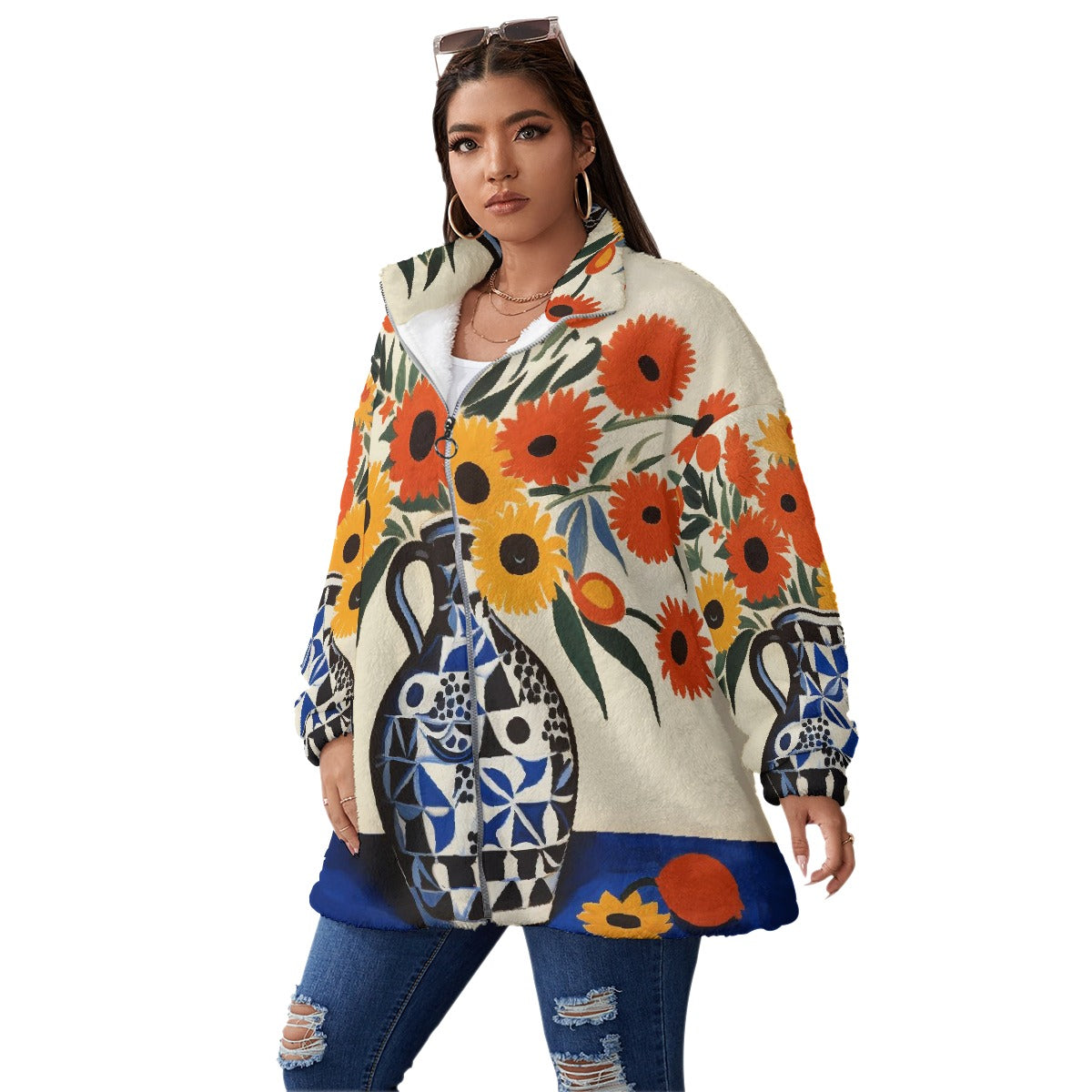 All-Over Print Unisex Borg Fleece Stand-up Collar Coat With Zipper Closure(Plus Size)