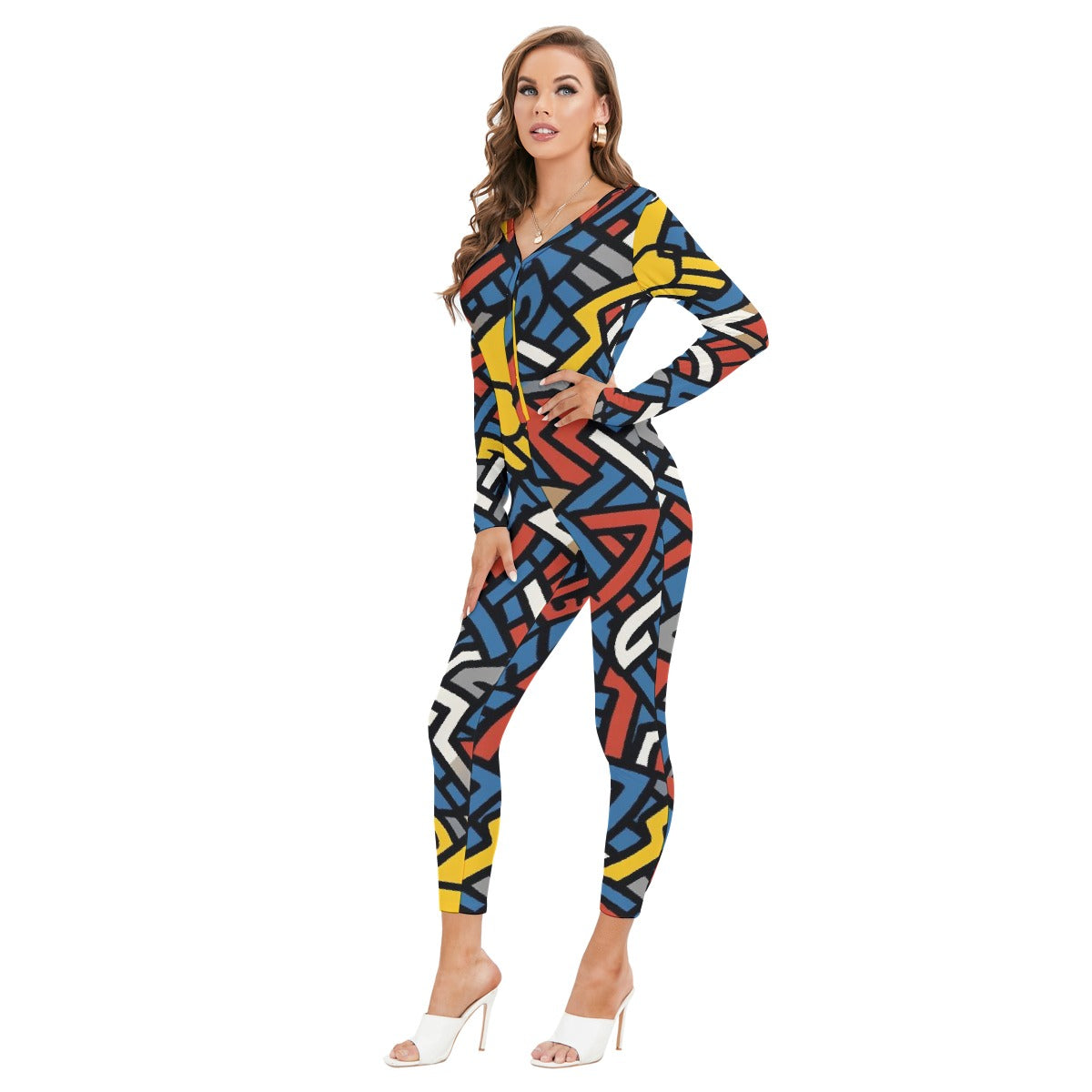 All-Over Print Women's Plunging Neck Jumpsuit