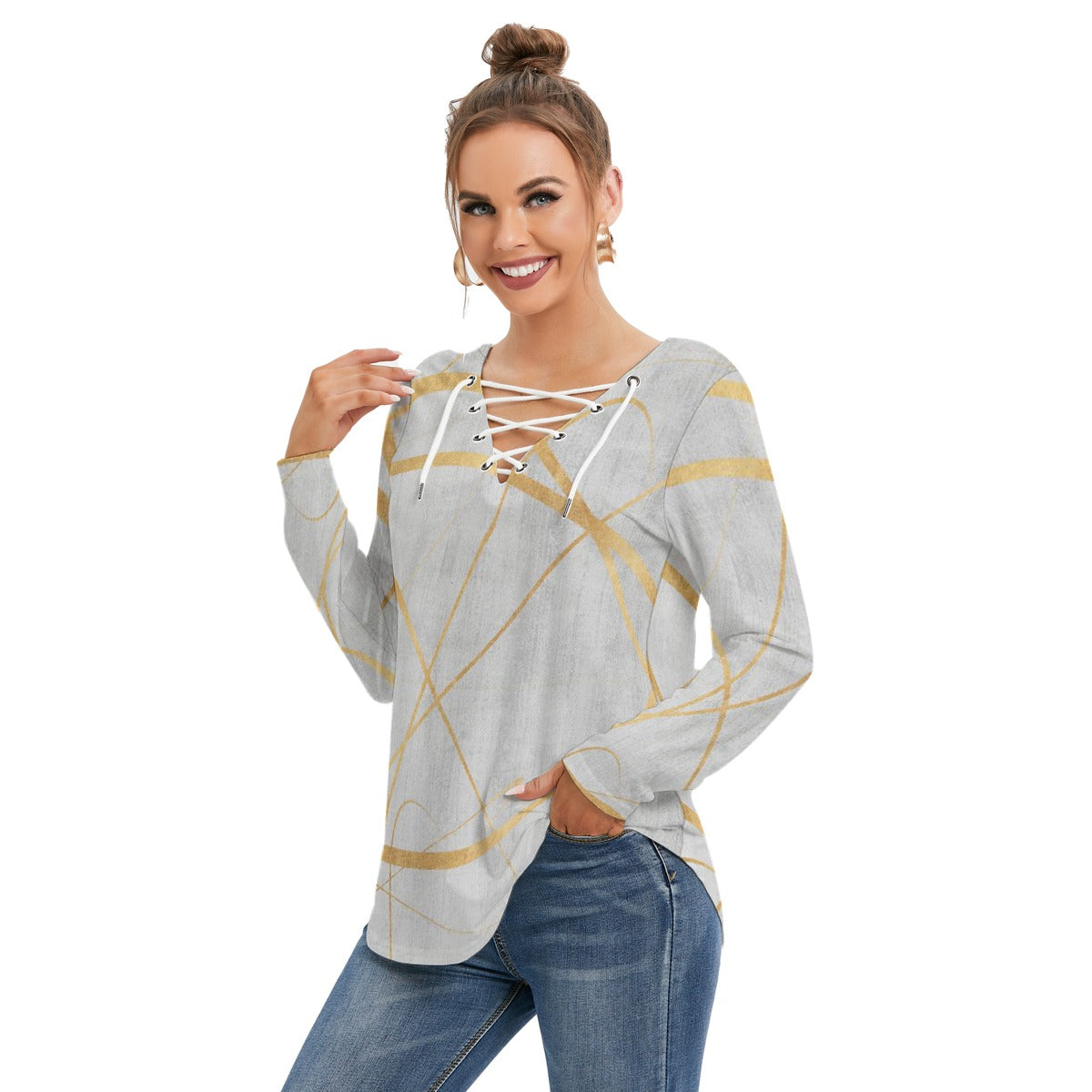All-Over Print Women's Long Sleeve Neckline Tie Sweatshirt