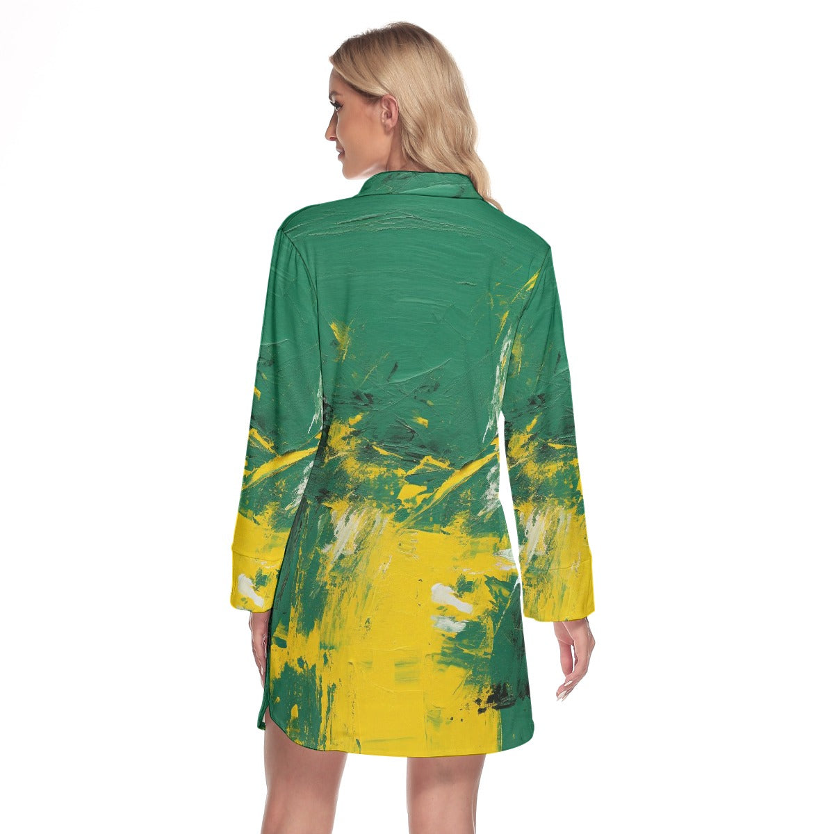 All-Over Print Women's Lapel Shirt Dress With Long Sleeve