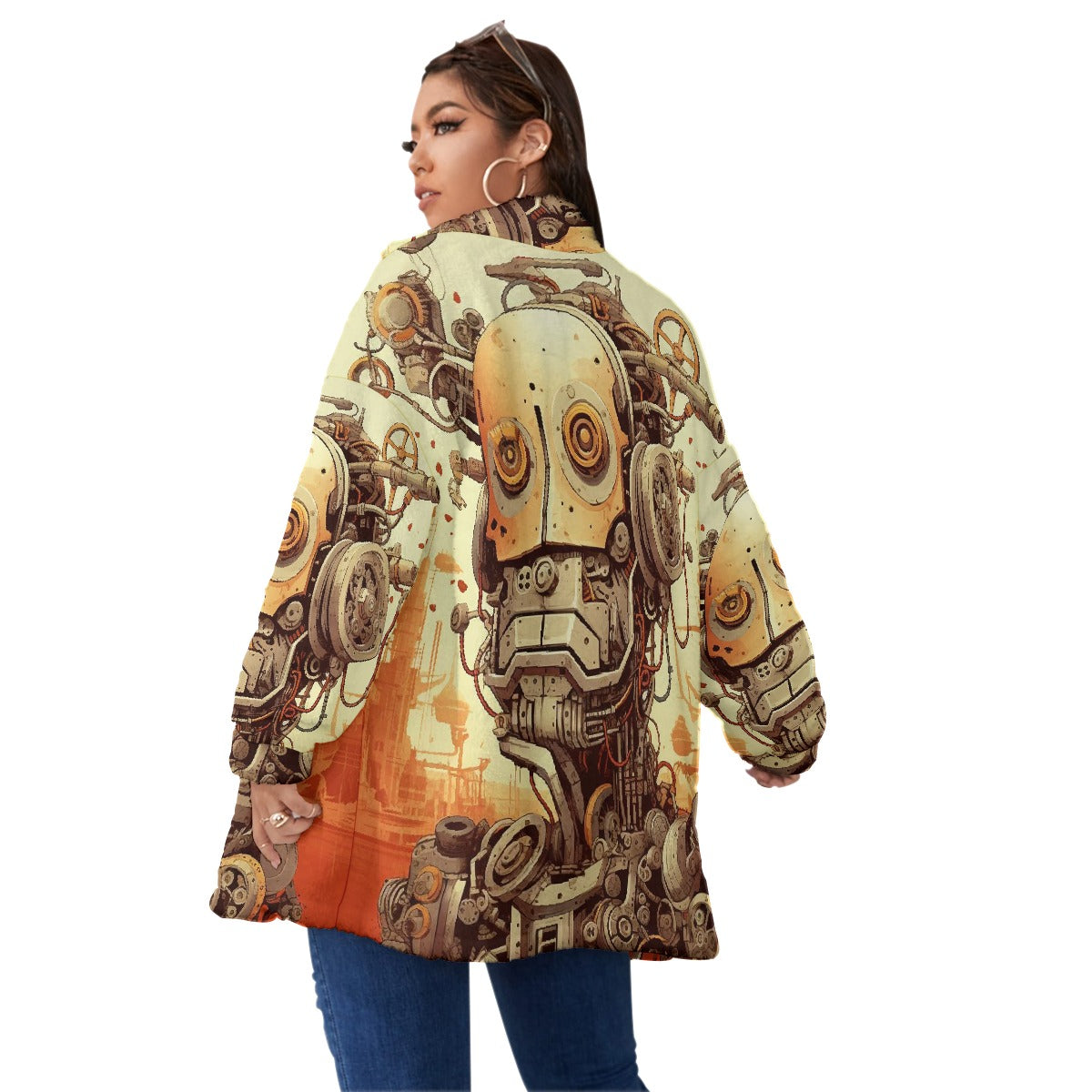 All-Over Print Unisex Borg Fleece Stand-up Collar Coat With Zipper Closure(Plus Size)
