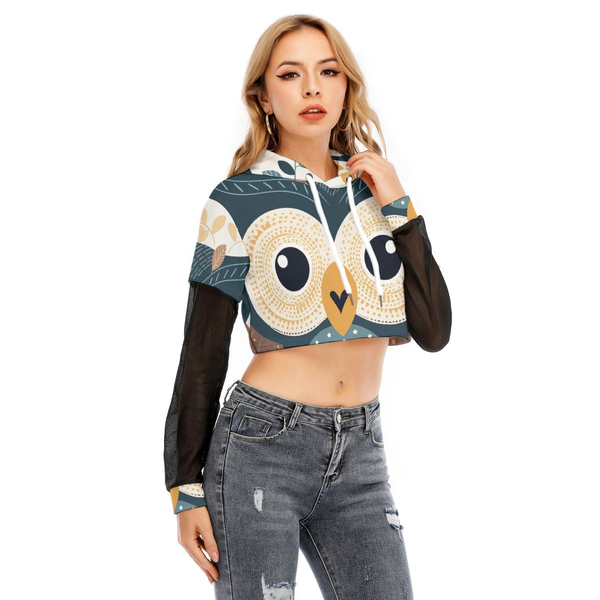 All-Over Print Women's Fake Two-piece Mesh Sleeve Cropped Hoodie