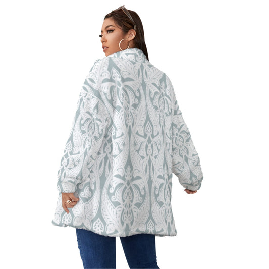 All-Over Print Unisex Borg Fleece Stand-up Collar Coat With Zipper Closure(Plus Size)