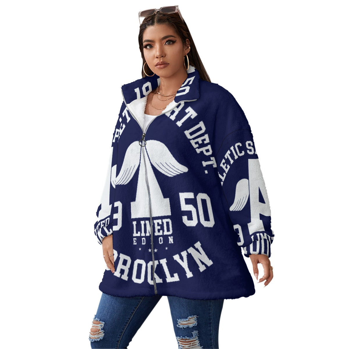 All-Over Print Unisex Borg Fleece Stand-up Collar Coat With Zipper Closure(Plus Size)