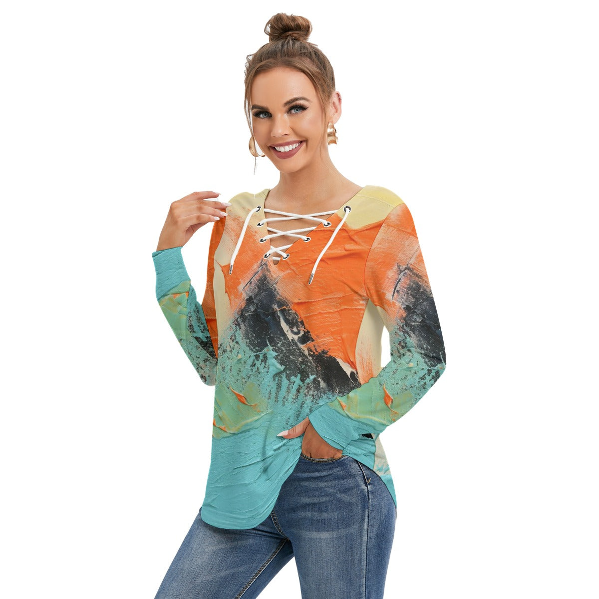 All-Over Print Women's Long Sleeve Neckline Tie Sweatshirt