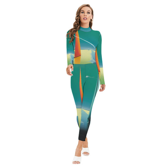 All-Over Print Women's Long-sleeved High-neck Jumpsuit With Zipper