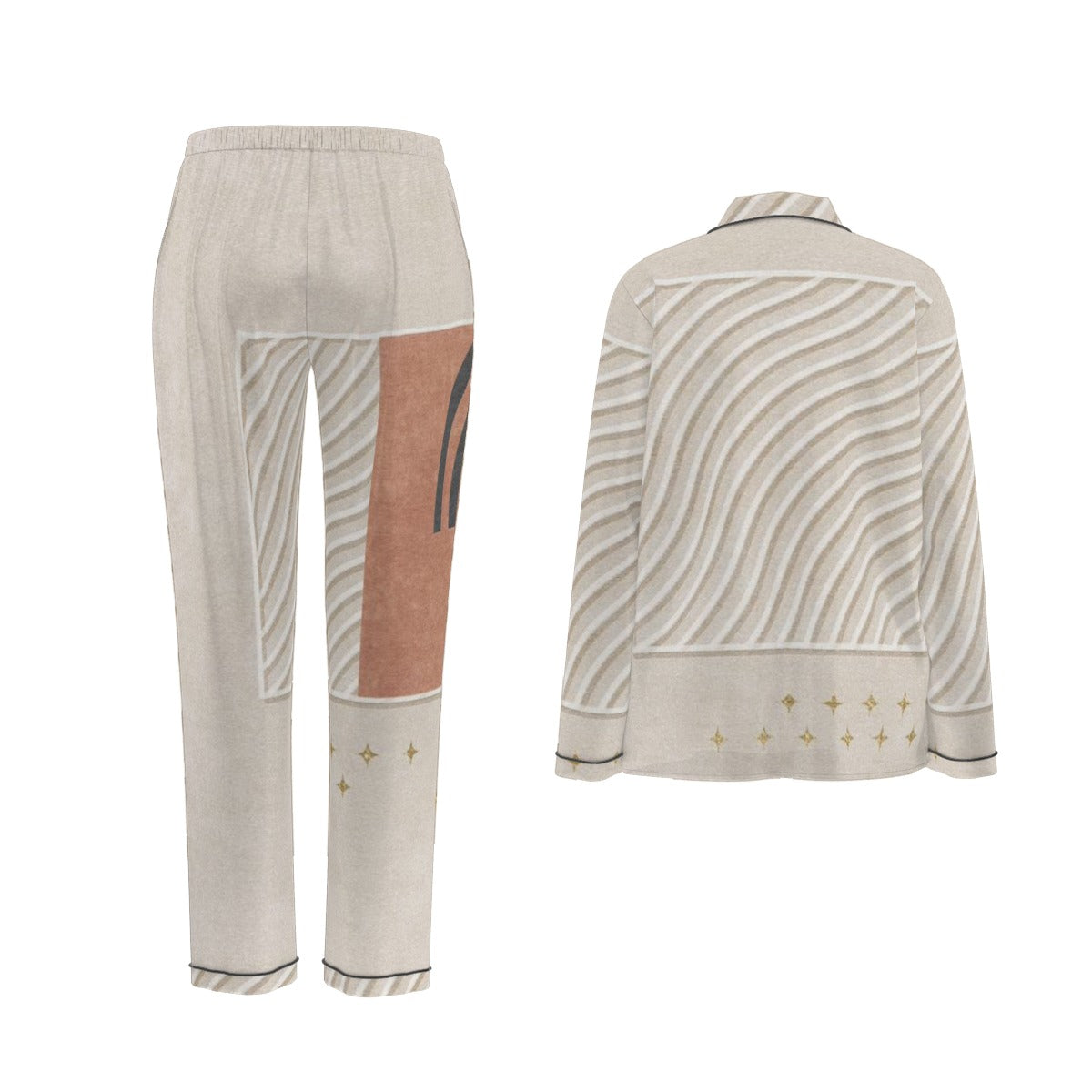 All-Over Print Women's Long Sleeve Pajama Set With Black Contrast Piping